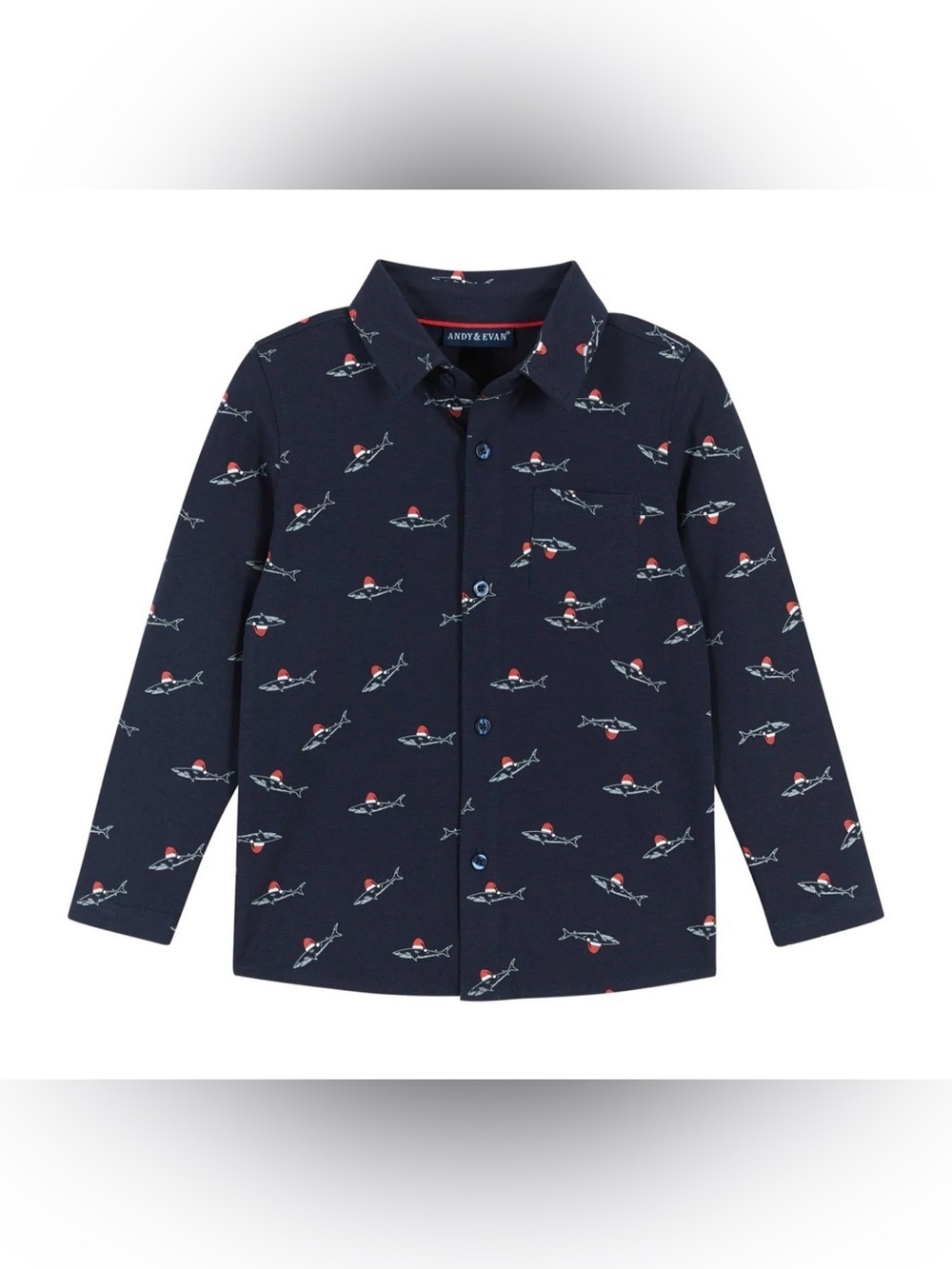 Andy & Evan Navy Shark-Print  Knit Pique Buttondown shirt and pant set